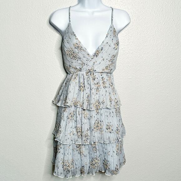 Altar'd State Pale Blue Floral Romantic Surplice Tiered Mini Dress - Size Medium - Picture 1 of 11